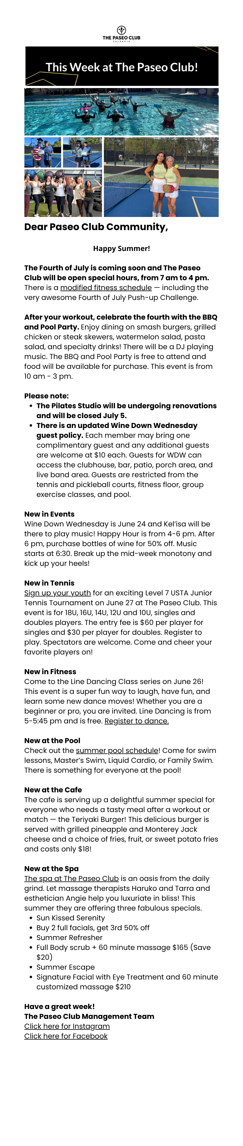 Email preview: This Week at The Paseo Club