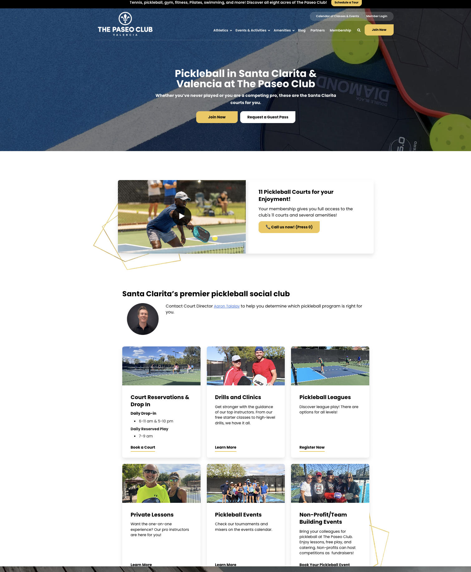 Pickleball landing page layout with hero, program details, and service cards for The Paseo Club