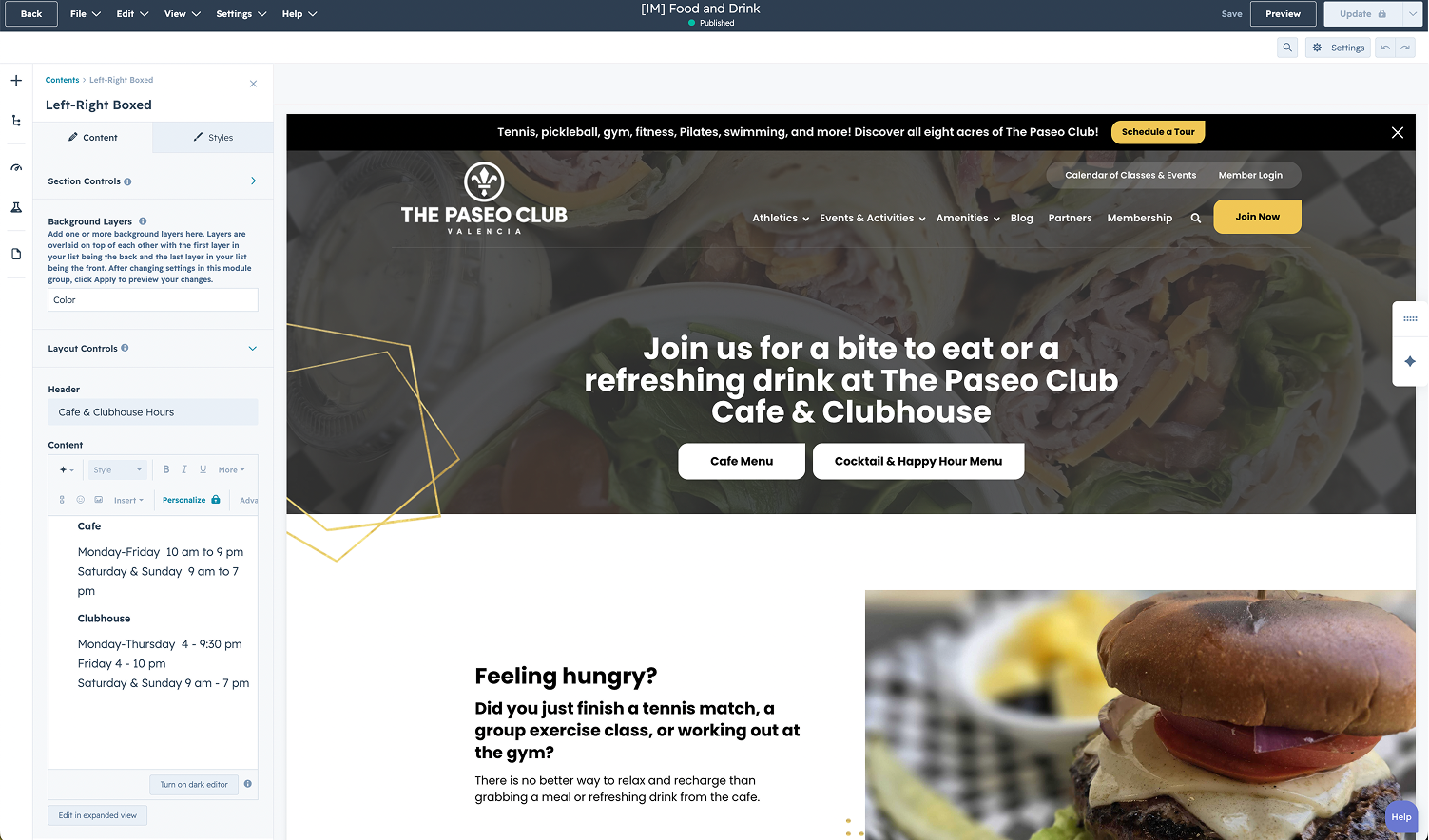 Cafe and clubhouse page layout for The Paseo Club with menu links and operating hours