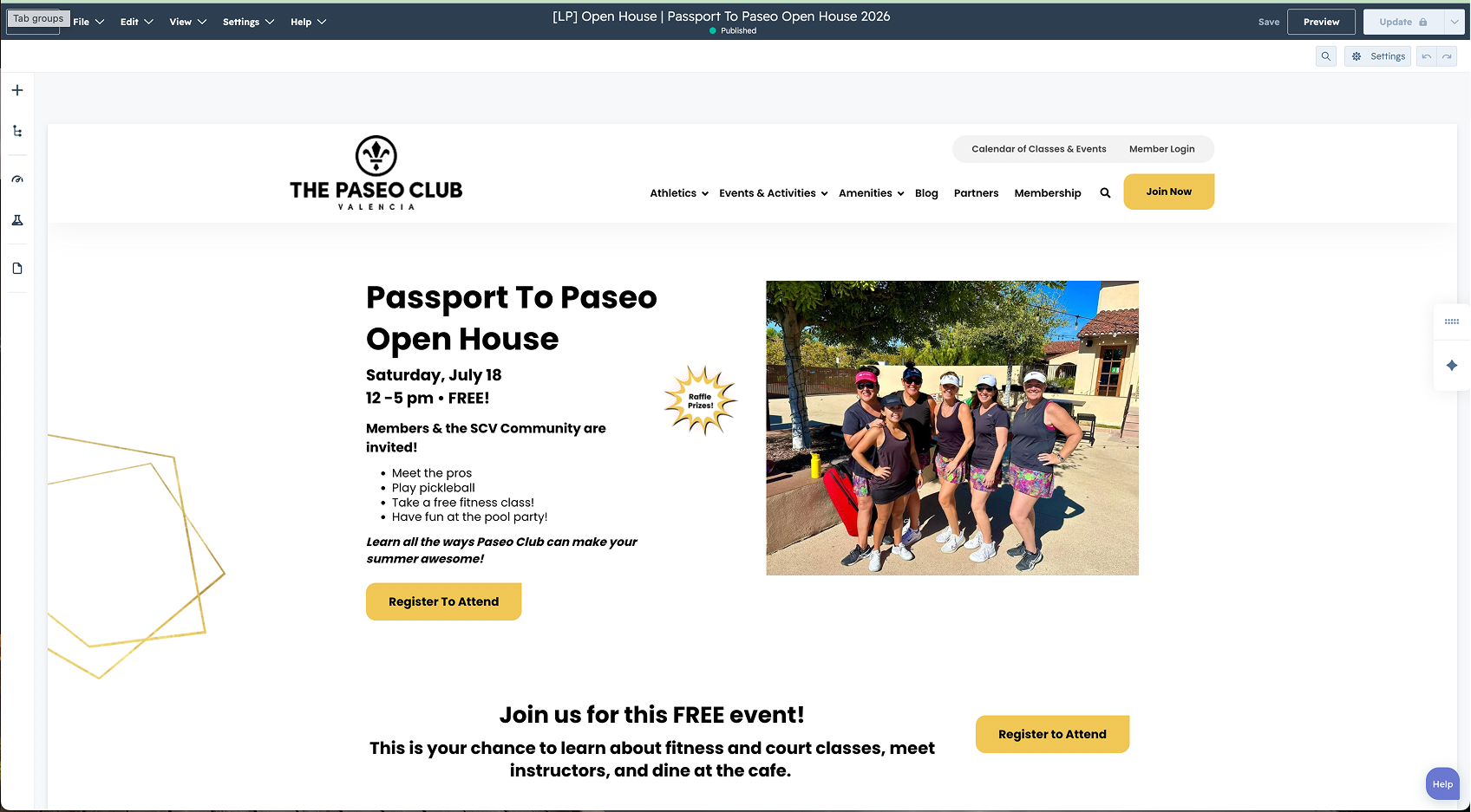 Passport To Paseo open house landing page layout with event details and registration call to action